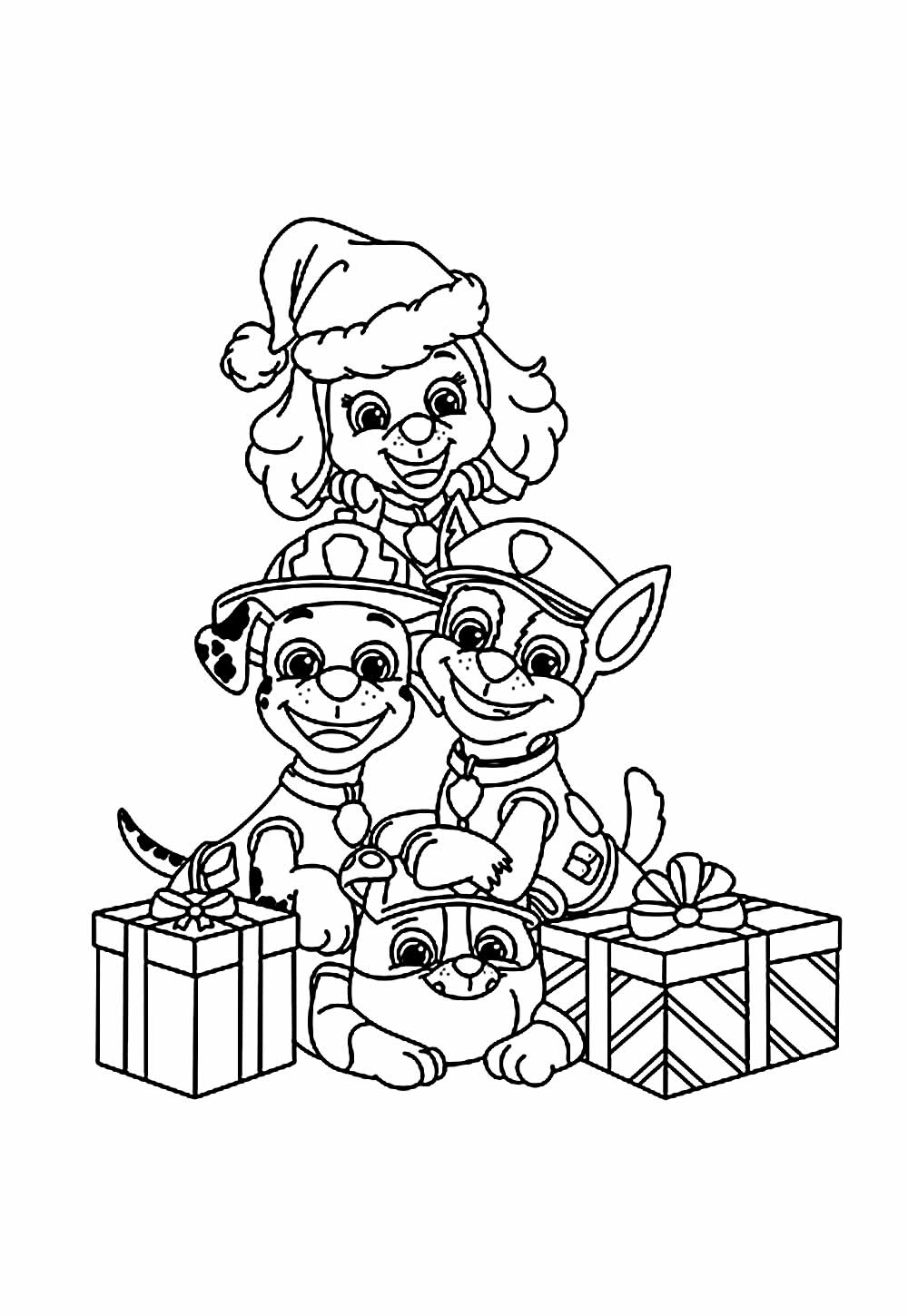 desenho de patrulha canina de natal com presentes para colorir e pintar