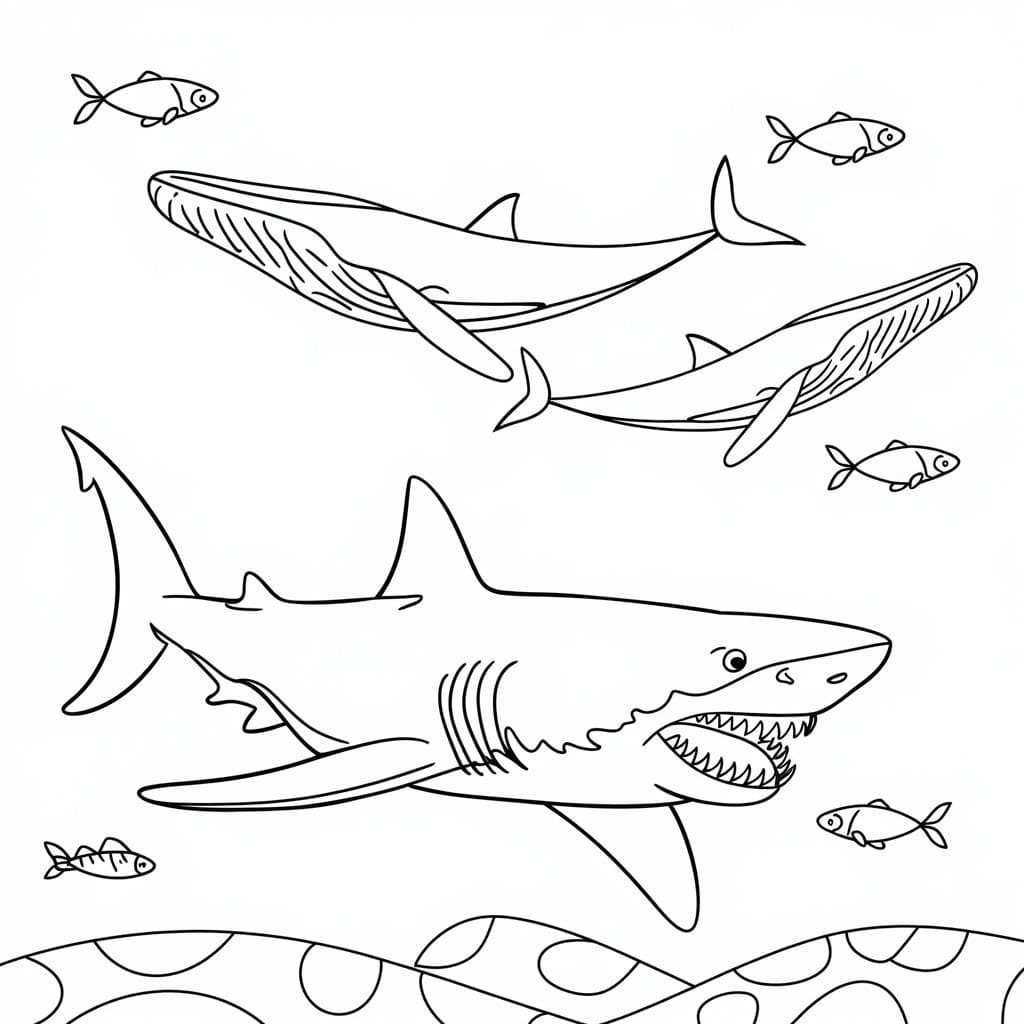 desenho de megalodon e baleias para imprimir e colorir