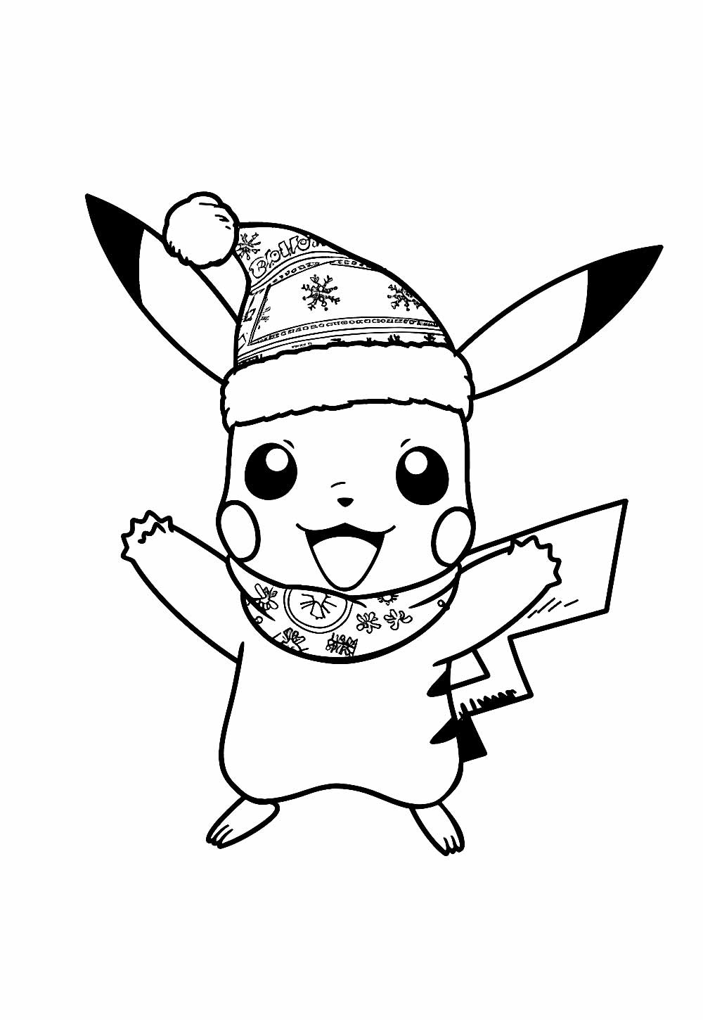 desenhos de pikachu usando gorro de natal para imprimir e colorir