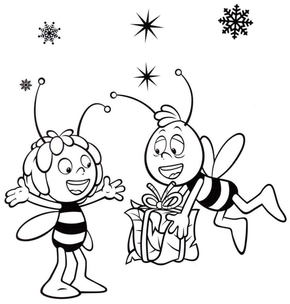 Desenho Maya e Willy Com Presente De Natal Para Colorir