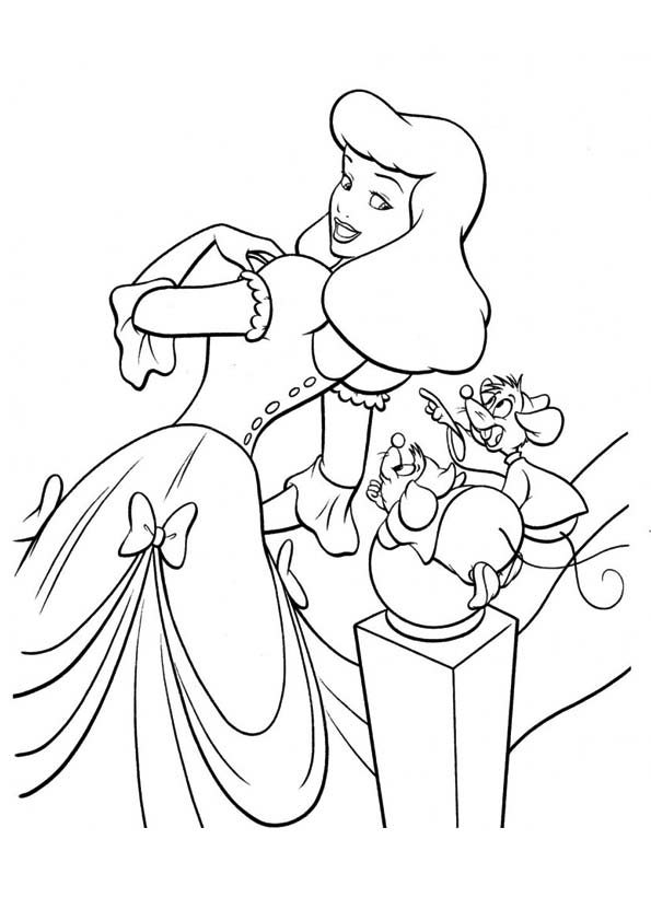 Desenho Da Cinderela Em Lindo Vestido Com Ratinhos Olhando Para Colorir