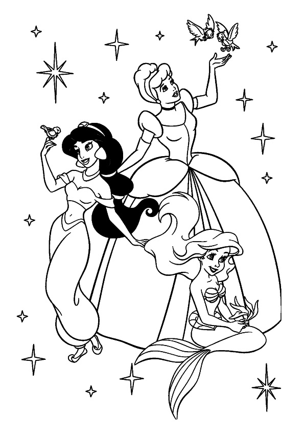 Desenho De Jasmine Ariel e Aurora Princesas Da Disney Para Colorir