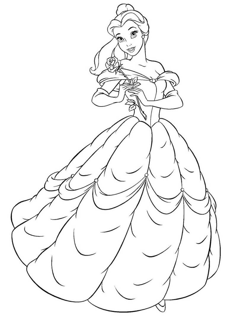 Desenho adorável Princesa Aurora Segurando Flor Rosa Para Colorir