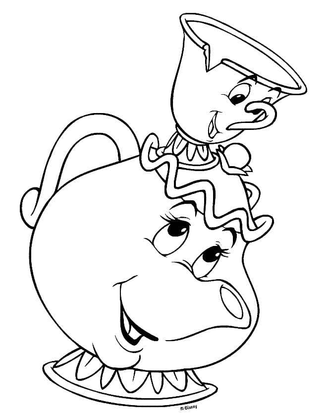 Desenho De Sra Potts e Chip De A Fera e Bela Para Colorir