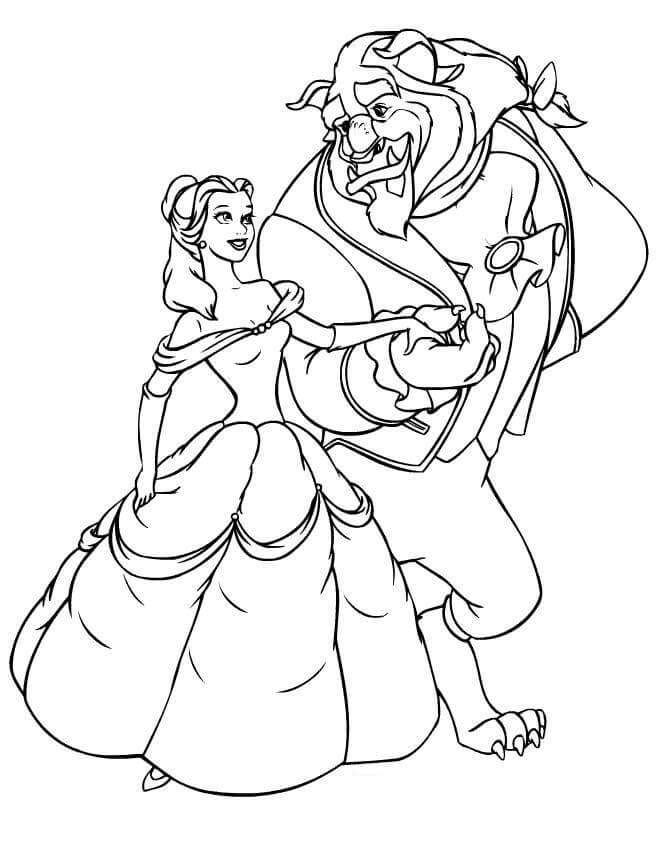 Desenho De Bela e A Fera dançando Para Colorir Em Pdf