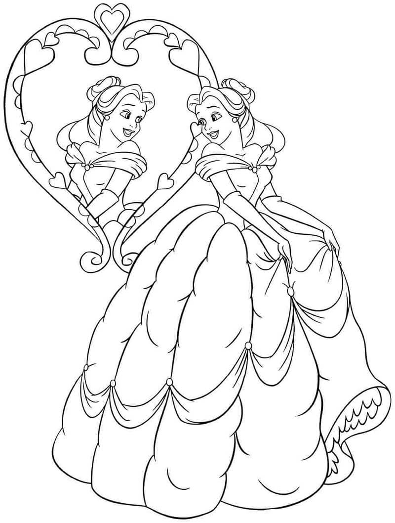Desenho Linda Princesa Belae sê Olhando No Espelho Para Colorir