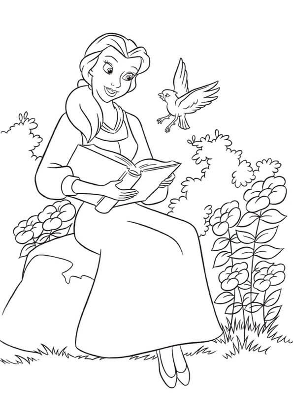 Desenho Linda Princesa De A Bela e A Fera Lendo Livro No Jardim Do Castelo Para Colorir