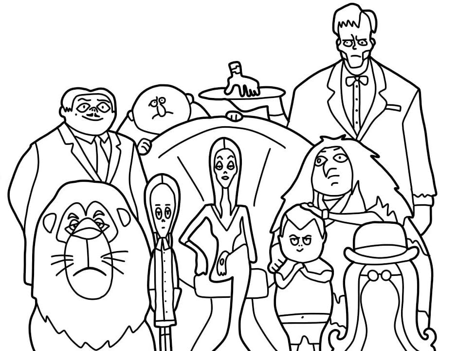 Desenho Imprimivel Da família Addams Para Baixar e Colorir