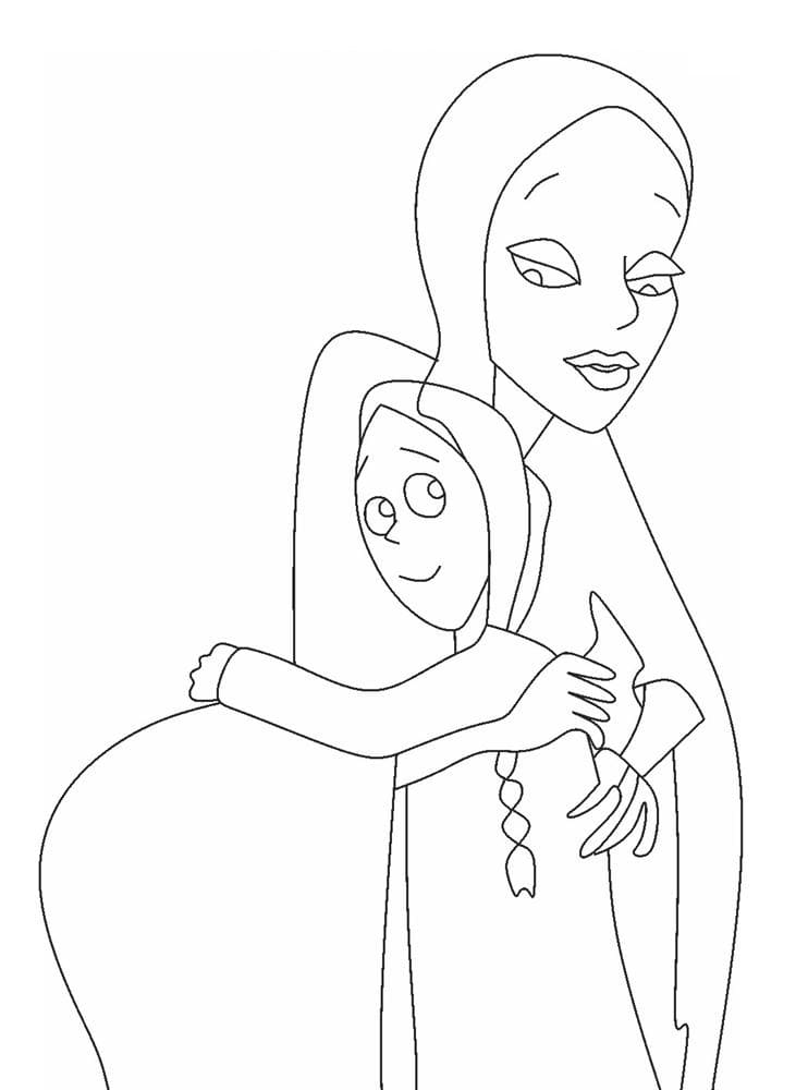 Desenho Morticia abraçando suá Filha Wandinha A família Addams Para Colorir