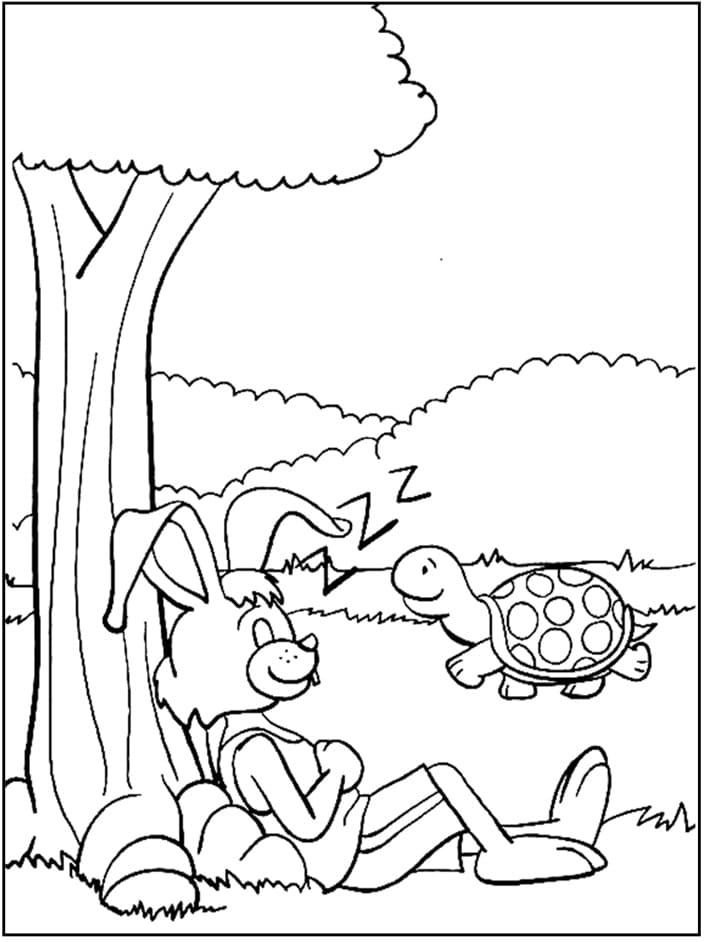 Desenho De Lebre Dormingo e A Tartaruga Correndo Para Colorir