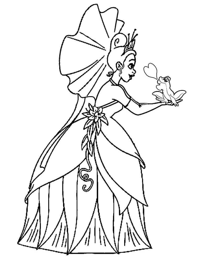 Desenho adorável Tiana Em Vestido Lindo Para Colorir