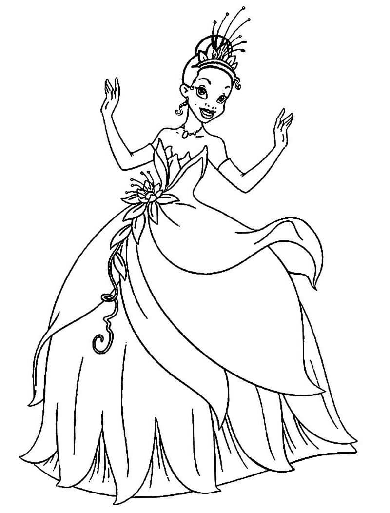 Desenho Da Princesa Tiana Pronta Para O Baile Do Castelo Para Colorir
