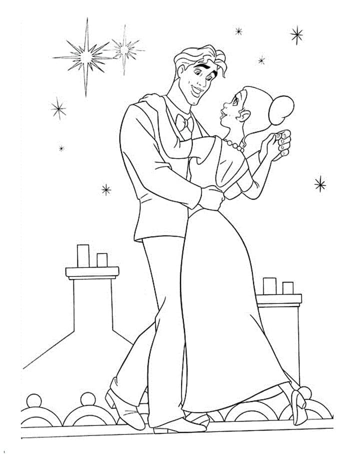Desenho De A Princesa e O Sapo dançando Sob As Estrelas Para Colorir