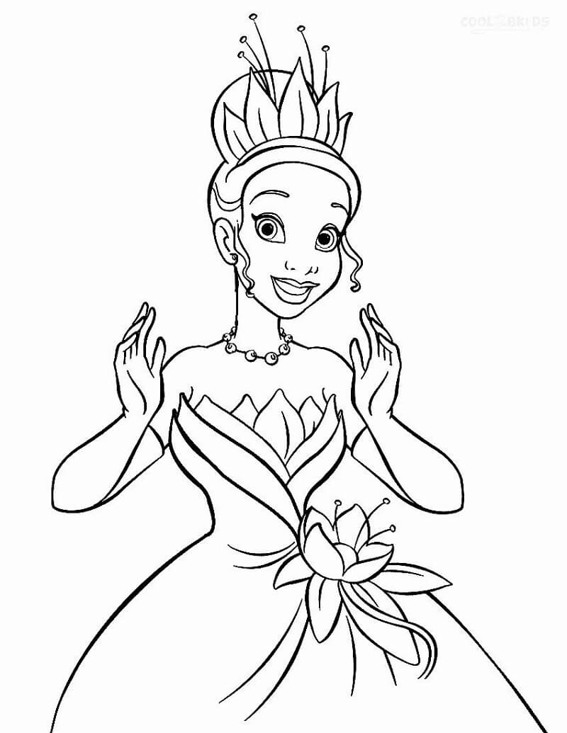 Desenho Imprimivel Princesa Tiana Com Belo Vestido De Desta Para Colorir