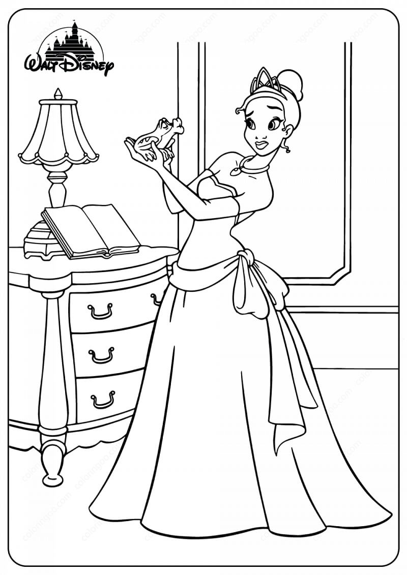 Desenho Linda Princesa Tiana Da Disney Olhando Para O Sapo Para Colorir