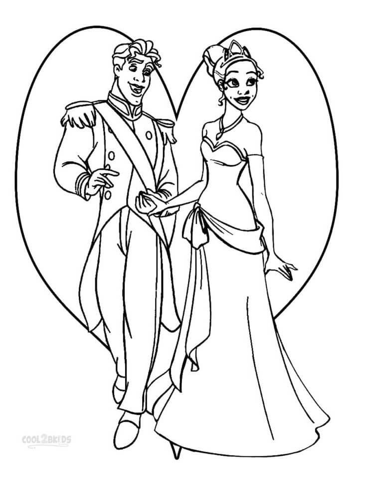 Desenho Princesa Tiana e príncipe Para Colorir