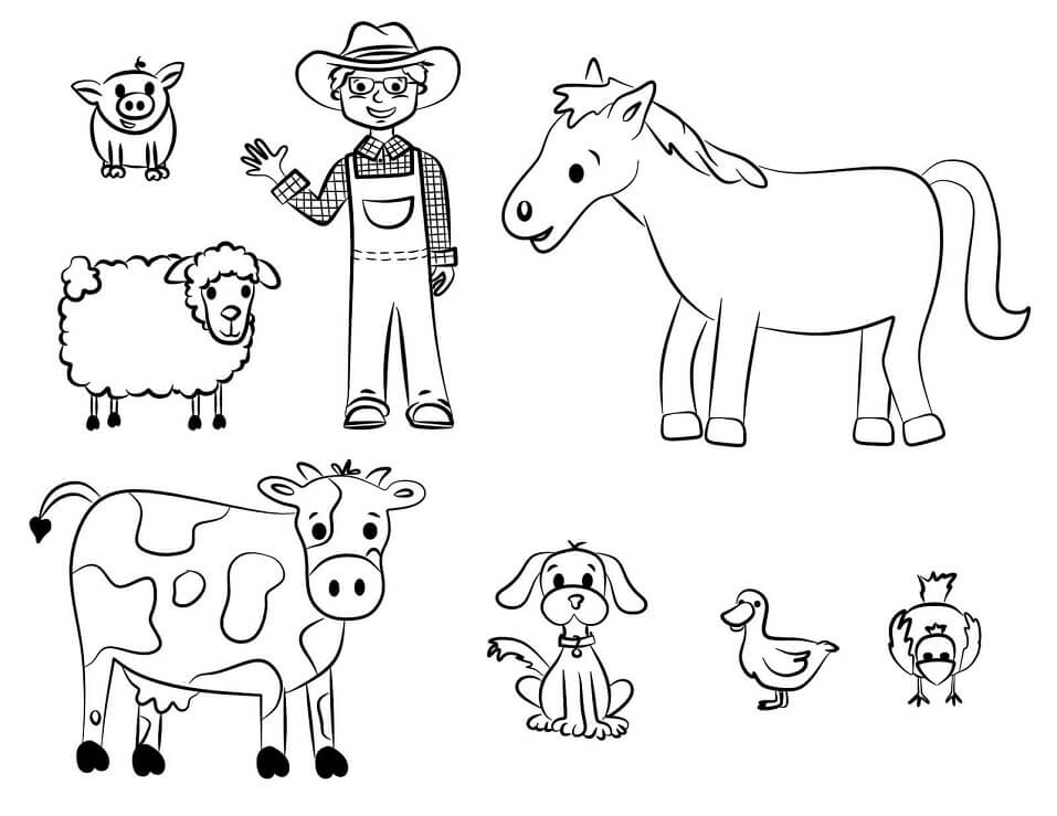 Desenho De Animais Fazenda e Fazendeiro Para Colorir