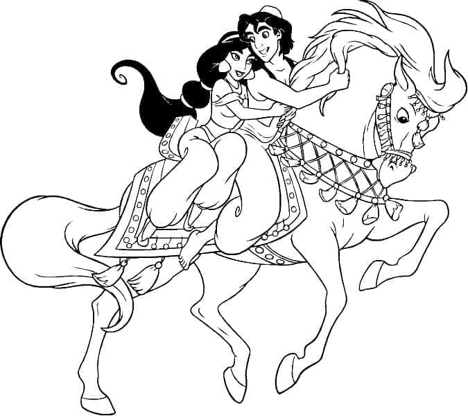Desenhos De Aladdin e Jasmine A Cavalo Para Colorir