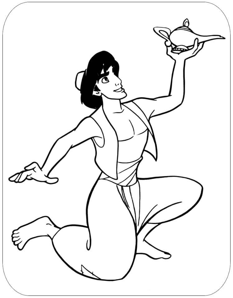 Desenho De Aladdin Segurando lâmpada mágica Para Colorir