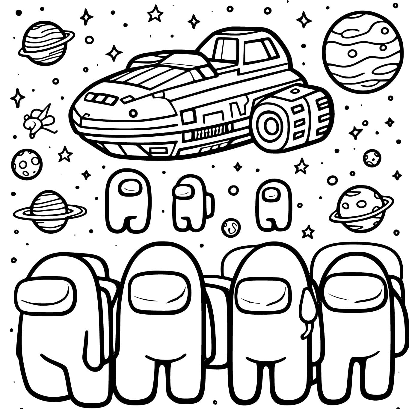 Desenho De Among Us Nave Espacial e galáxia Para Colorir