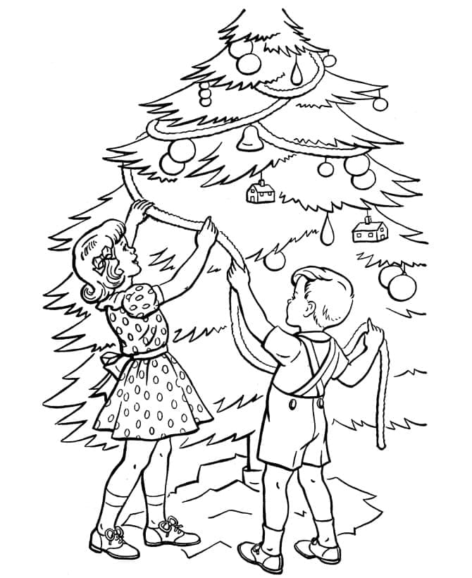 Desenho De crianças Com árvore De Natal Para Colorir