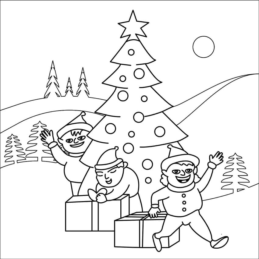 Desenho De Dois Elfos Decorando árvore De Natal Para Colorir