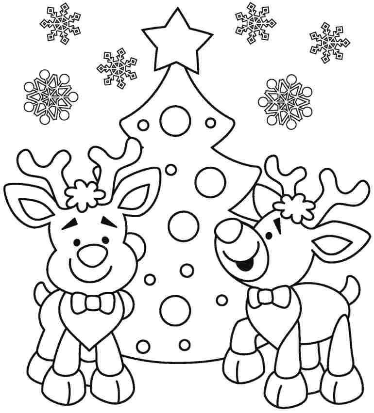 Desenho De Linda árvore De Natal Com Duas Renas Para Imprimir e Colorir