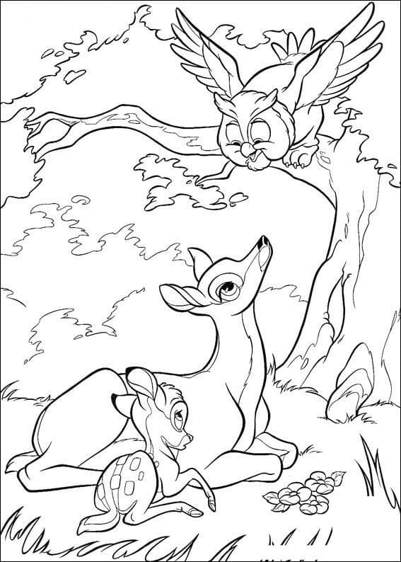 Desenho De Bambi mãe e Amigo Coruja Para Colorir