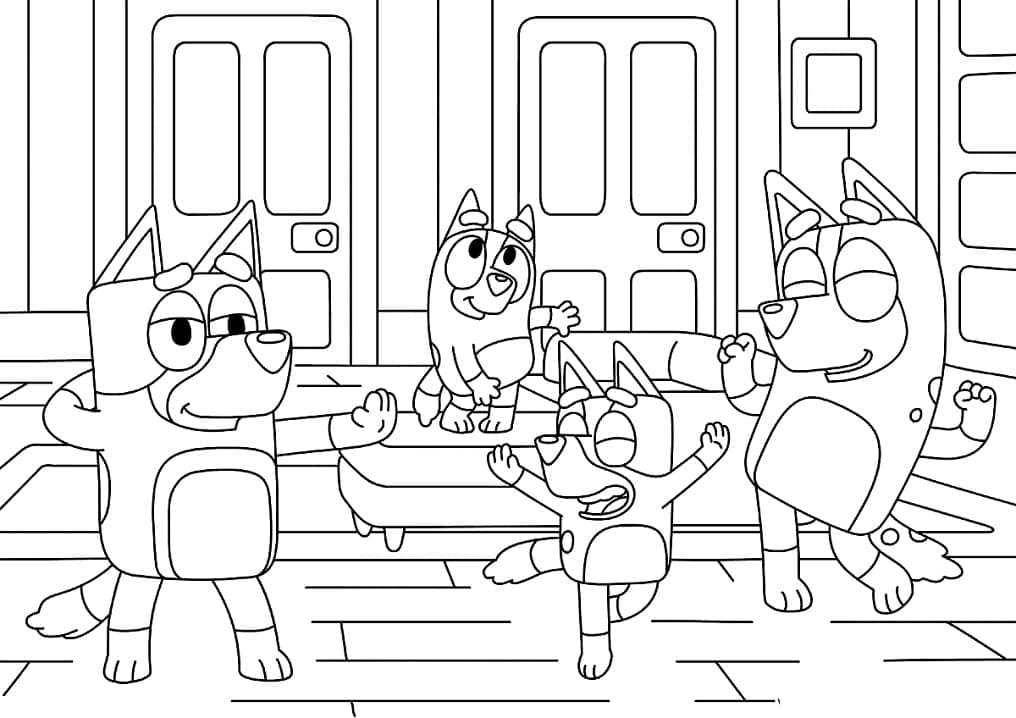 Desenho De Bluey e Amigos dançando Para Colorir