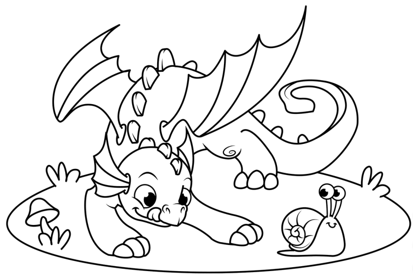 Desenho De dragão Com Caracol Brincando Para Colorir