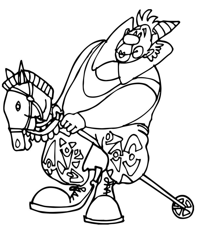 Desenho De palhaço Brincando Com Cavalo De Pau Para Colorir grátis