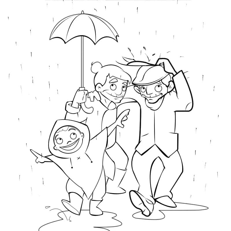 Desenho De família Na Chuva Para Colorir