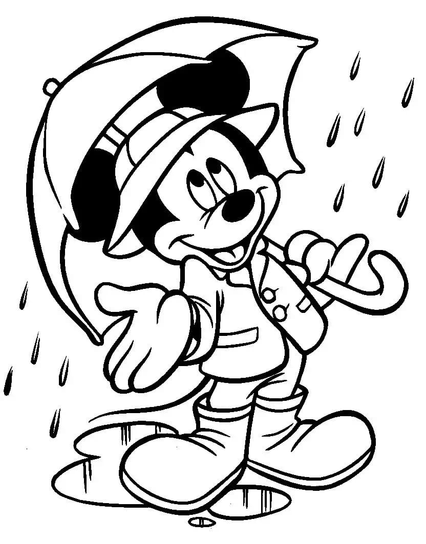 Desenho De Mickey Mouse Na Chuva Para Colorir