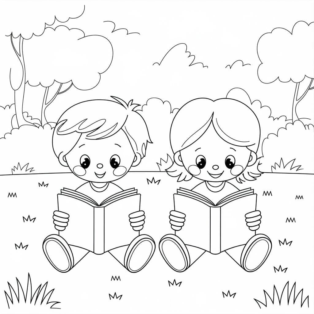 Desenho De As crianças estão Lendo Para Colorir