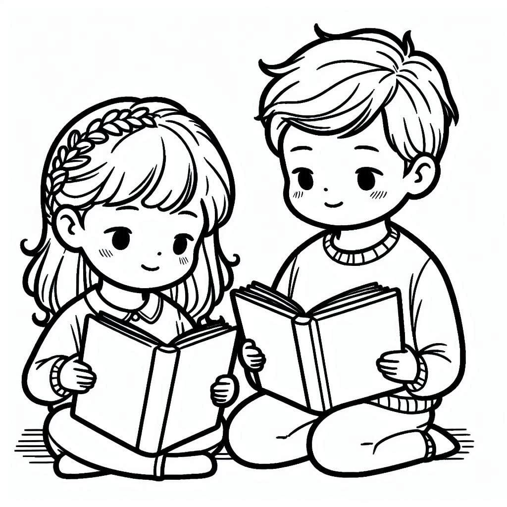 Desenho De crianças adoráveis estão Lendo Para Colorir