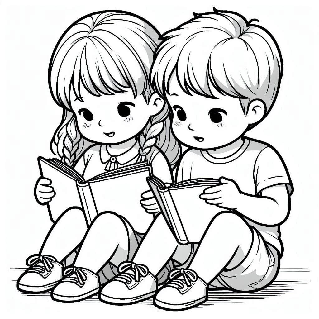 Desenho de Crianças Fofas Estão Lendo para Colorir Desenho de Crianças Fofas Estão Lendo para Colorir