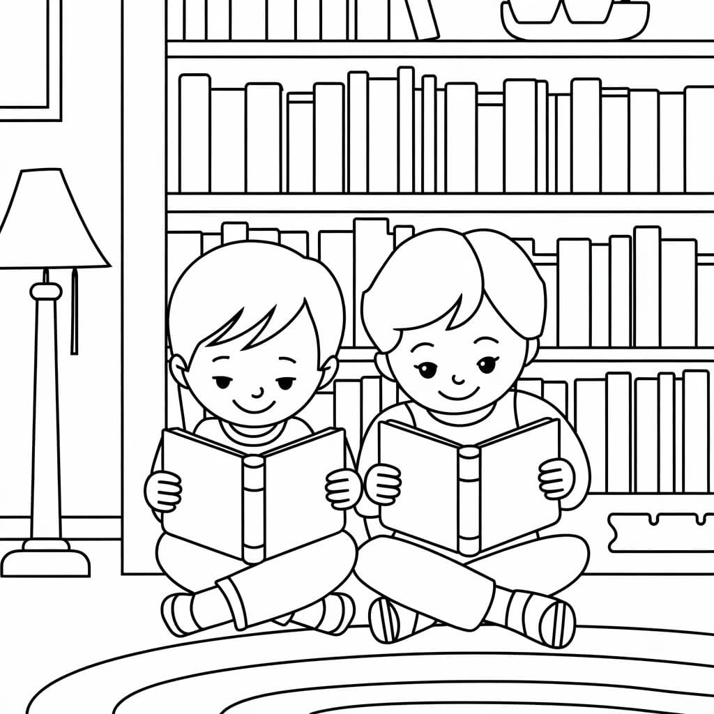Desenho De Meninos estão Lendo Para Colorir