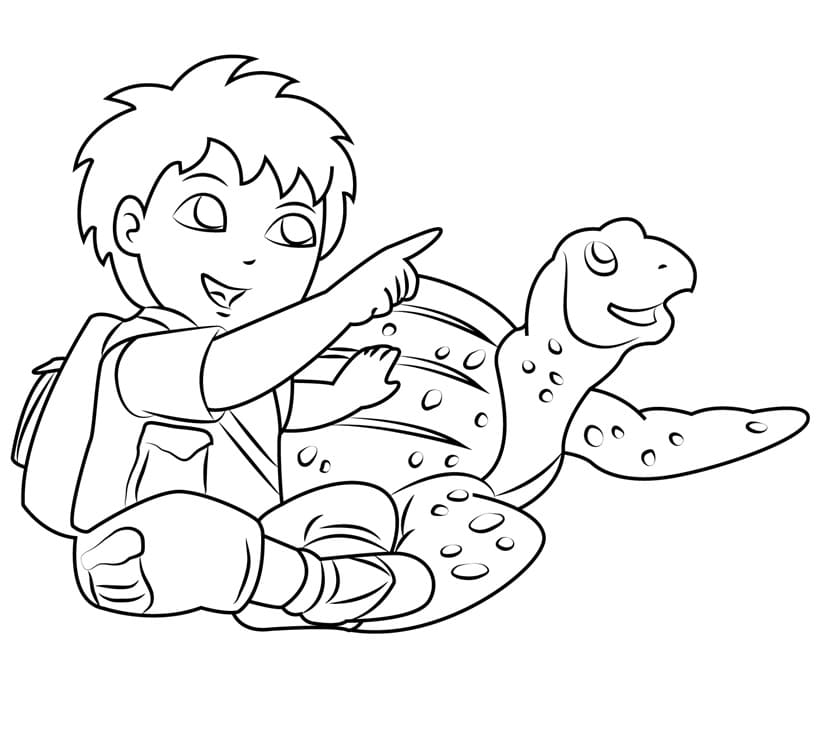 Desenho Diego e Tartaruga Marinha Para Colorir