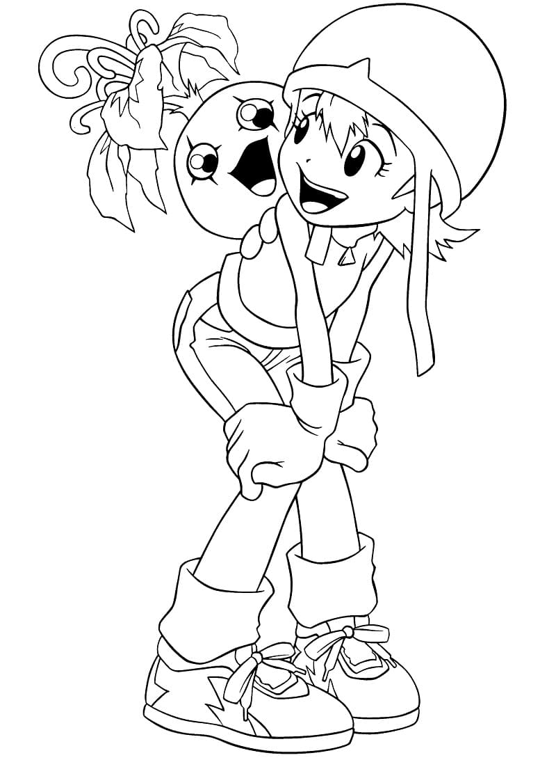 Desenho De Sora Takenouchi e Pyocomon Para Colorir