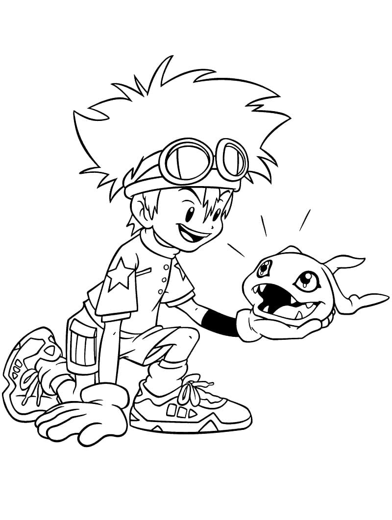 Desenho De Taichi Yagami e Koromon Para Colorir