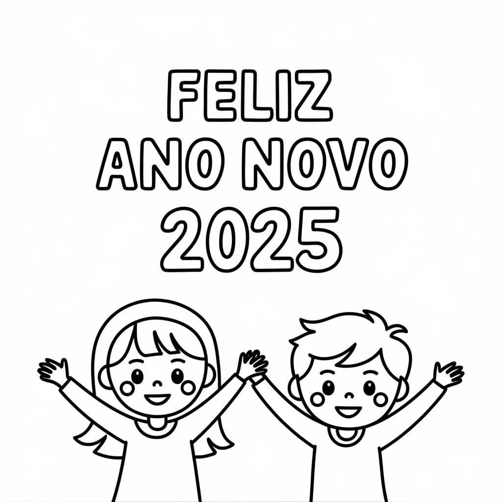 Desenho De Feliz Ano Novo 2025 Com crianças Para Colorir