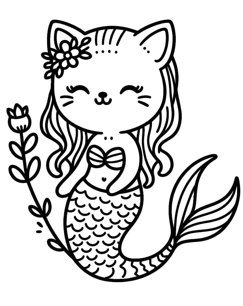 Desenho De Gato Sereia Imprimivel grátis Para crianças Para Colorir
