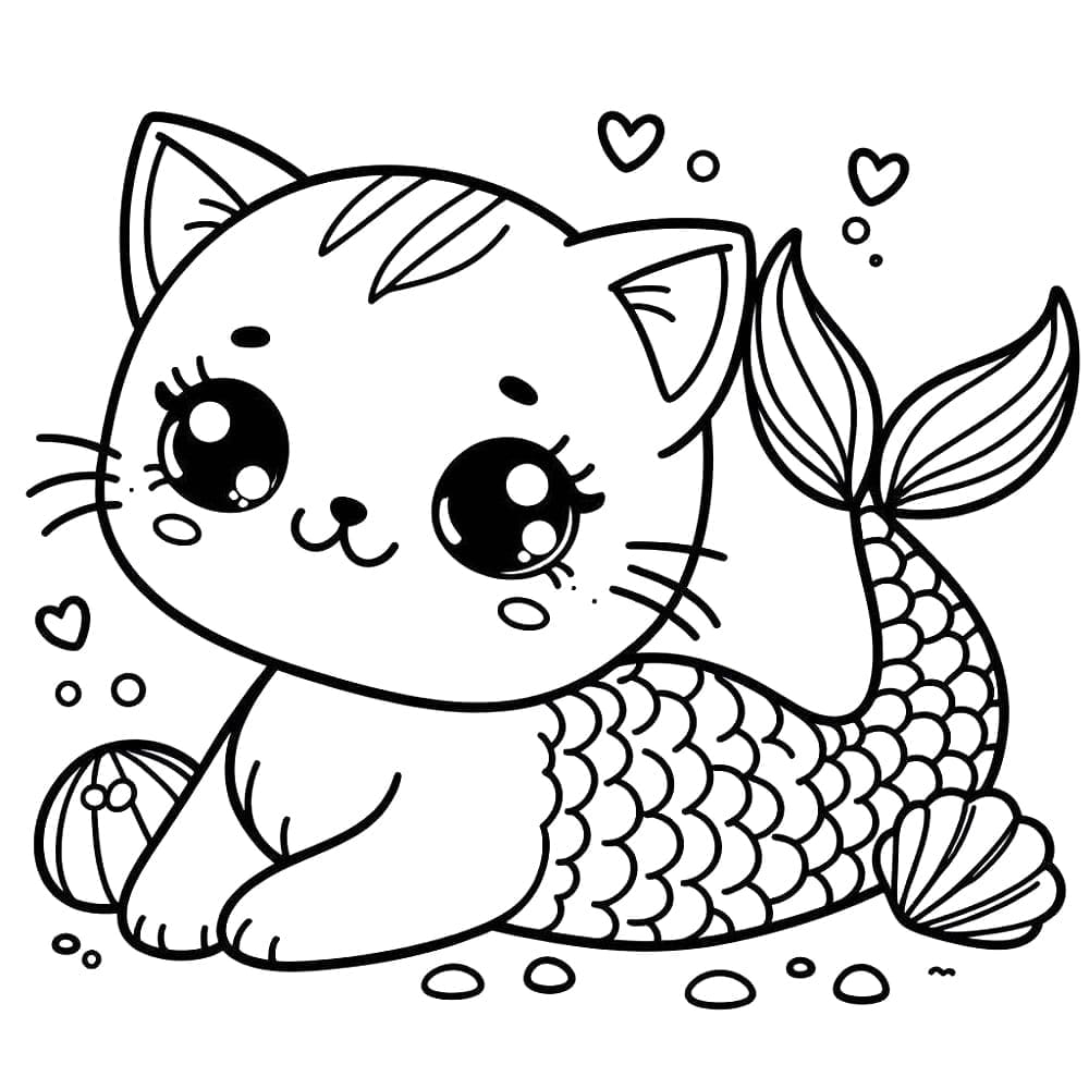 Desenho De Gato Sereia Imprimivel grátis Para Colorir