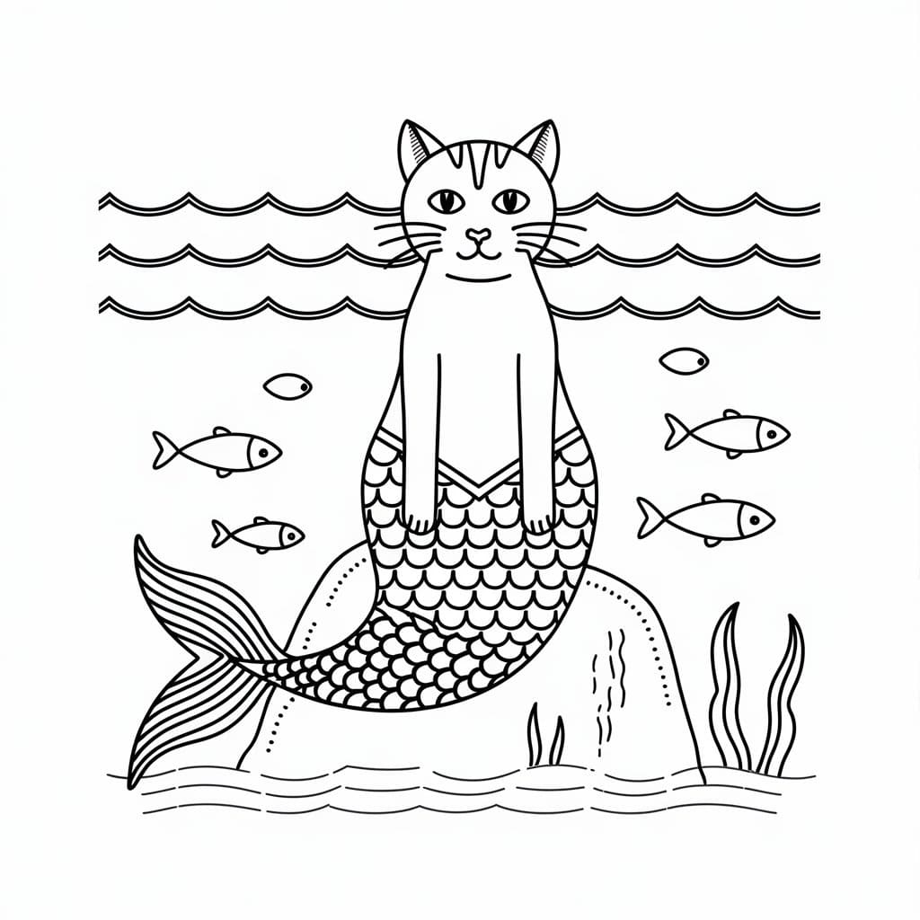 Desenho De Gato Sereia Para crianças De 3 Ano Para Colorir