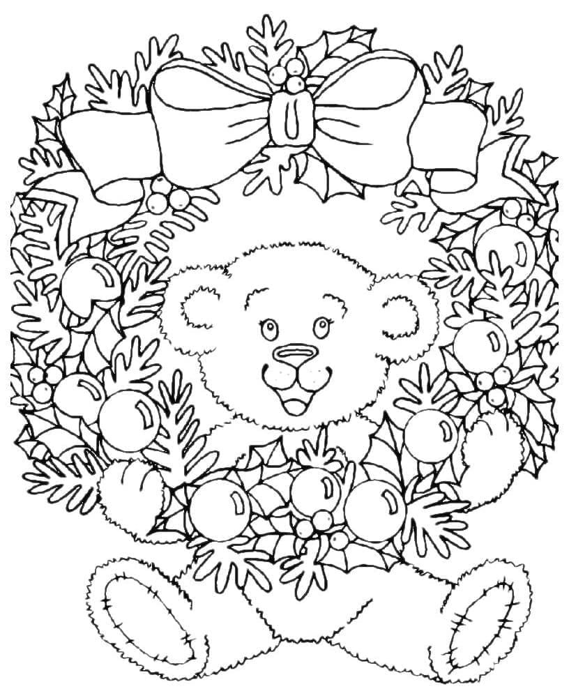 Desenho De Guirlanda De Natal e Ursinho Para Colorir
