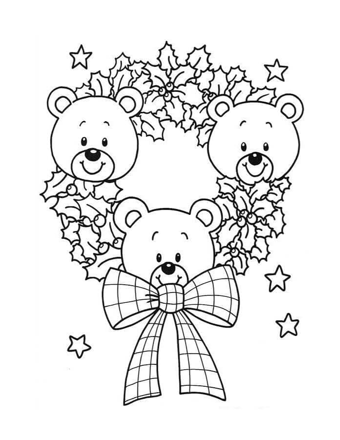 Desenho De Guirlanda De Natal e Ursinhos Para Colorir