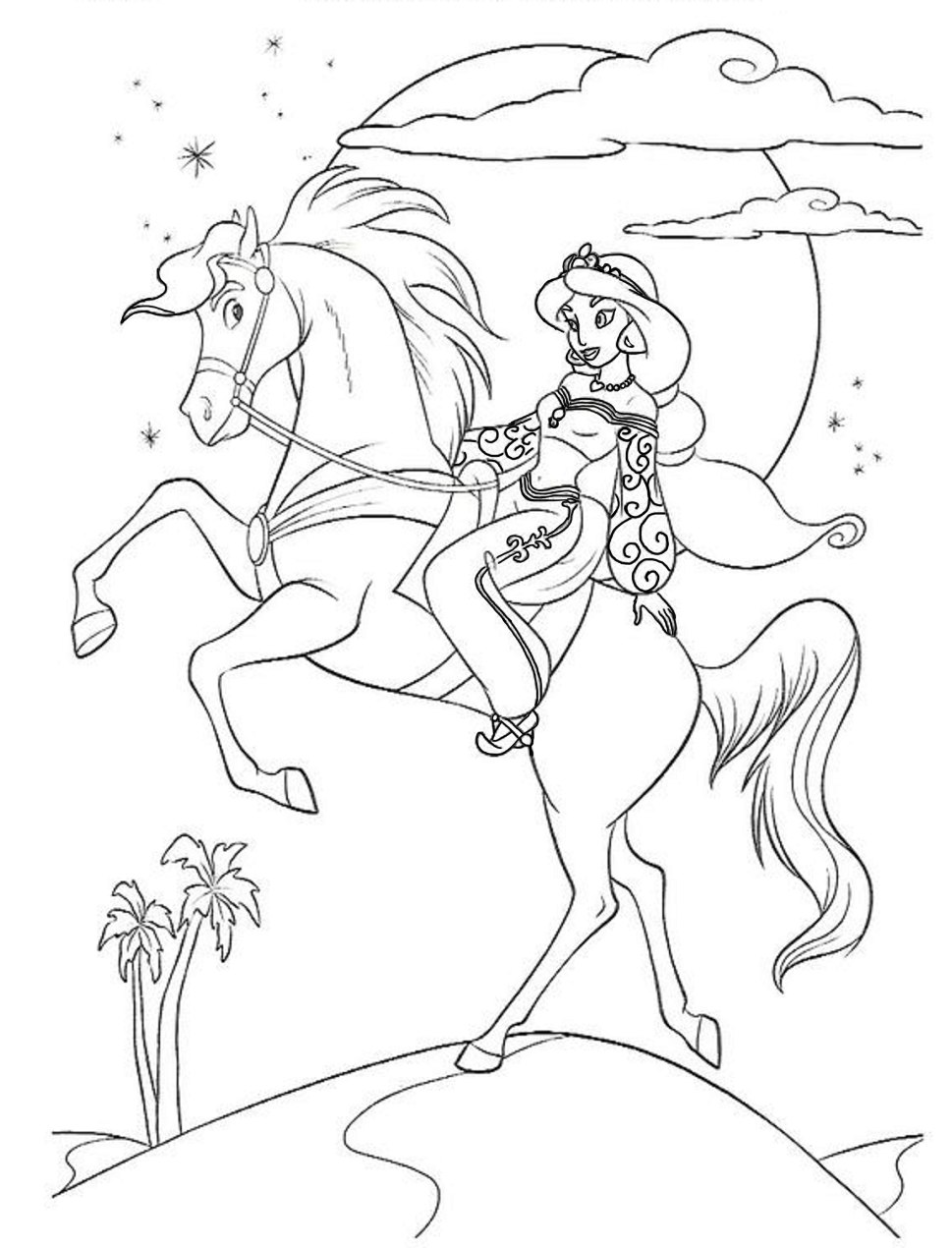 Desenho De Jasmine Andando A Cavalo No Campo Para Colorir