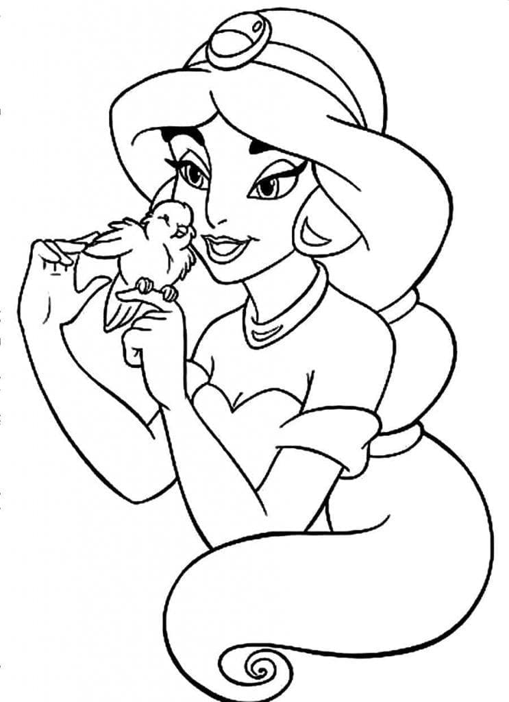 Desenho De Princesa Jasmine e pássaro Para Colorir