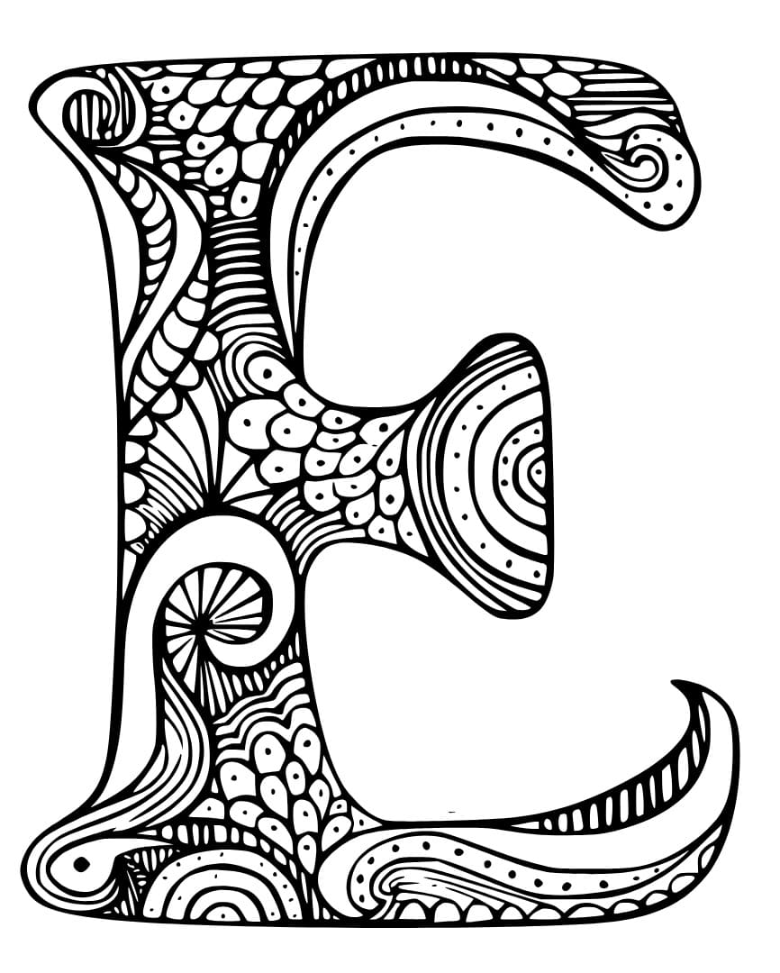 Desenho De Zentangle Letra e Para Colorir