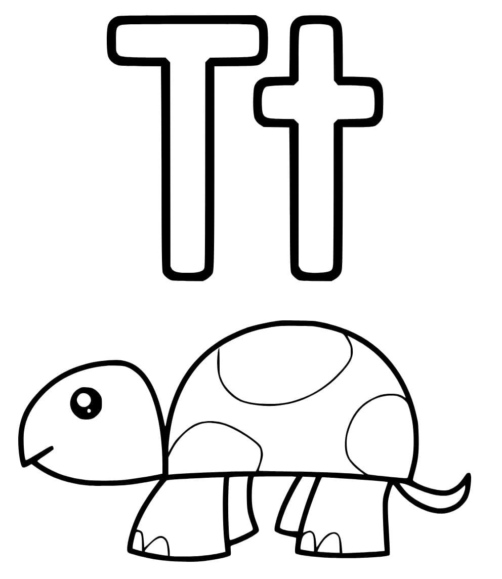 Desenho De Letra T e Tartaruga Para Colorir